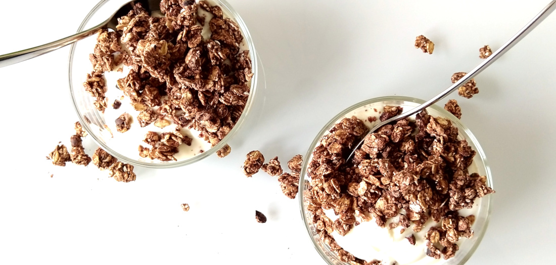 Chocoladegranola met Griekse yoghurt in twee schaaltjes op tafel - birdview