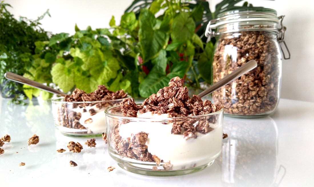 Twee schaaltjes chocoladegranola met yoghurt op tafel met groene planten en weckpot met granola op de achtergrond